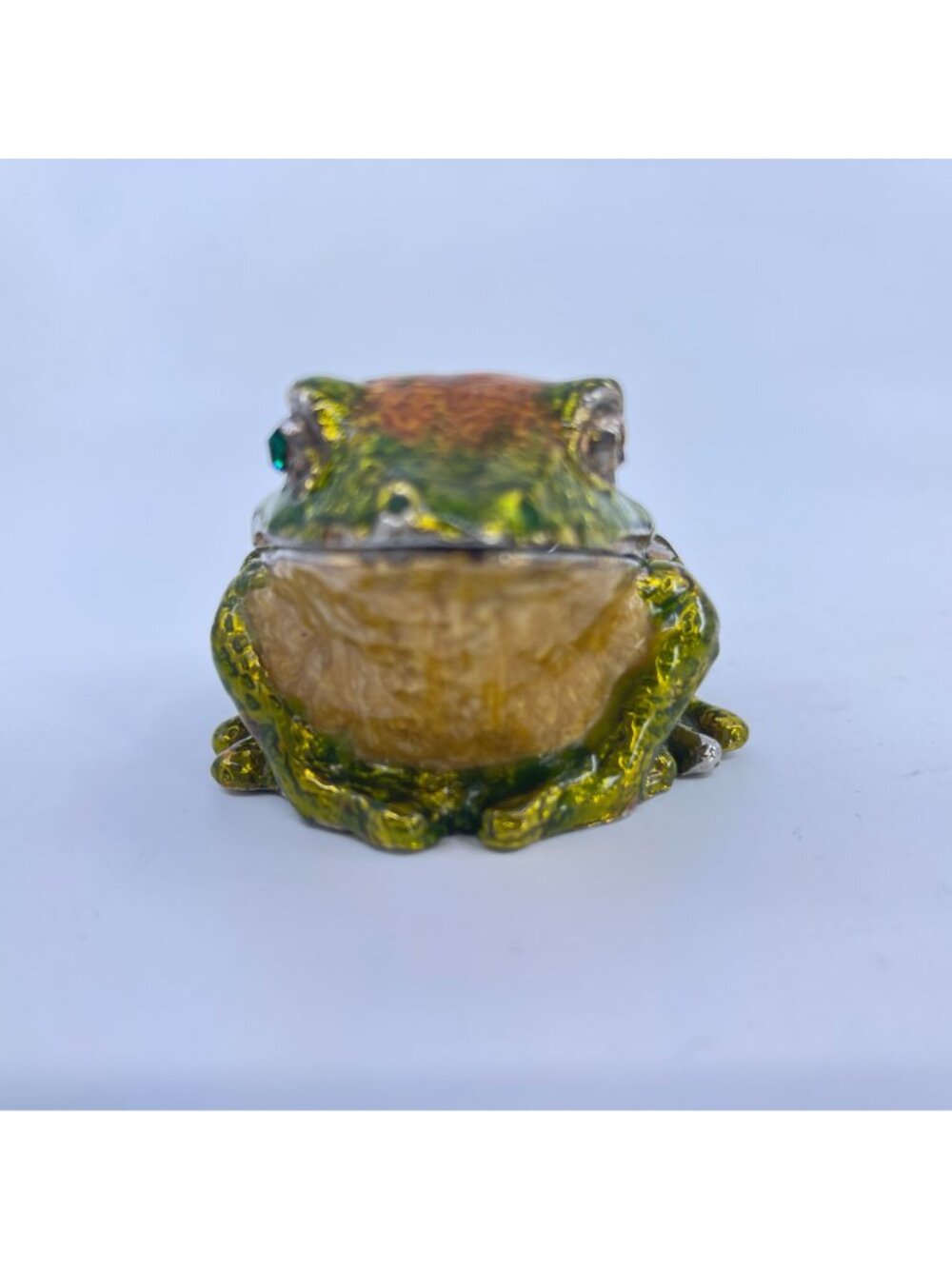 vintage enamel frog trinket box with hinged lid green & orange detailing - Picture 7 of 12